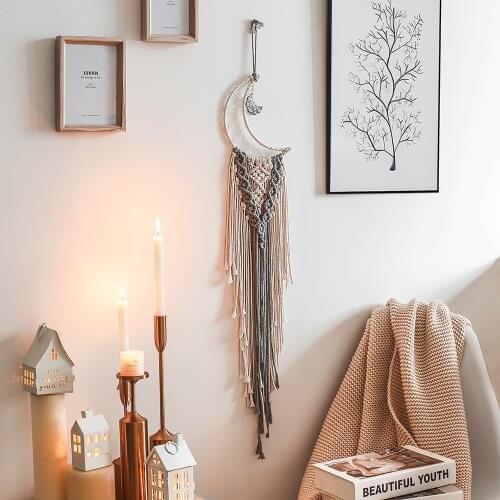 Nordic Grey Moon Macrame Tapestry Wall Hanging Bohemian Floral Mandala Indian Dream Catcher Wall Boho Decor Kids Room Decoration