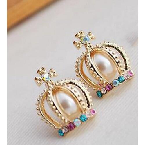 Rhinestone Cross Crown Pearl Imitation Crystal Retro Stud Earrings For Women Gift