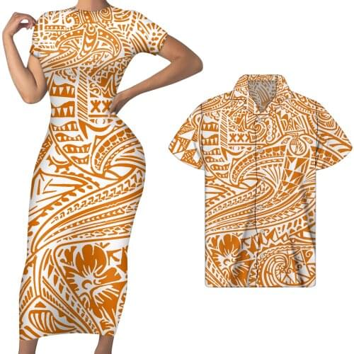 WHEREISART Samoan Polynesian Shark Print Sexy Club Dress for Women Hibiscus Party Maxi Dress Short Sleeve Dress Men T-Shirt