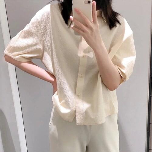 2021 Summer Autumn Women Blouse Turn Down Collar Short Puff Sleeve Loose Shirt and Top Ol Office Ladies Wear