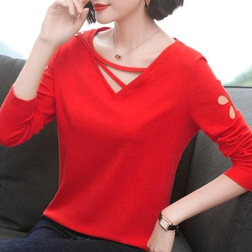 Plus Size 100% Cotton V-Neck T Shirt 2021 New Spring Fashion Women Shirts Long Sleeve Loose T-Shirt Top