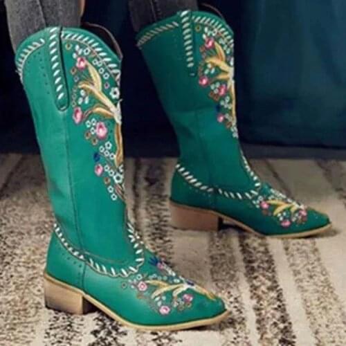 Womens boots autumn new style thick heel embroidered rivet mid-heel womens fashion national wind Martin boots personality
