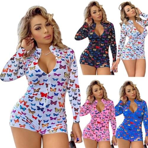 Women' Rompers Stylish Butterfly Print Romper Long Sleeve Zipper Jumpsuit Fashion Loungewear for Ladies Playsuits
