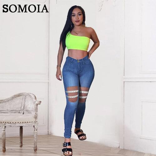 Plus Size Women Fashion Jeans Streetwear Sexy Cowboy Bottoms Holed Rivets Trousers High Waisted Tights Pants Wholesale Items