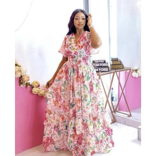 Womens Sexy V-Neck Dress Fashion Print Beautiful Elegant Lotus Leaf Short-Sleeved Chiffon Long Skirt Dress 2021Summer New Style