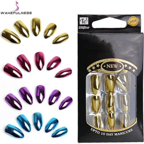 24PC /BOX Faux Ongles Metallic Mirror Full Cover Nail Tips Stiletto Rose Gold Sliver Artificial Metallic Mirror False Nails