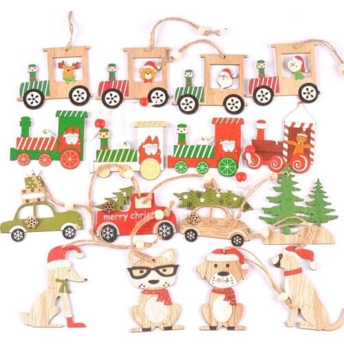 4pcs Wood Christmas Tree Pendant Hanging Ornament Santa Claus train Dog Xmas Party Decor DIY Home Decoration cp2726
