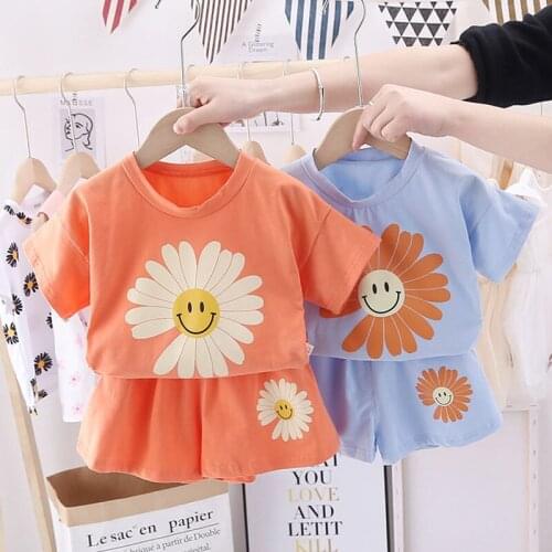 Girls Summer Clothes Smile Flowers Printing Short Sleeves+Shorts Pure Color Cotton 2 Pieces Suit Soft Comfortable Kids Casual
