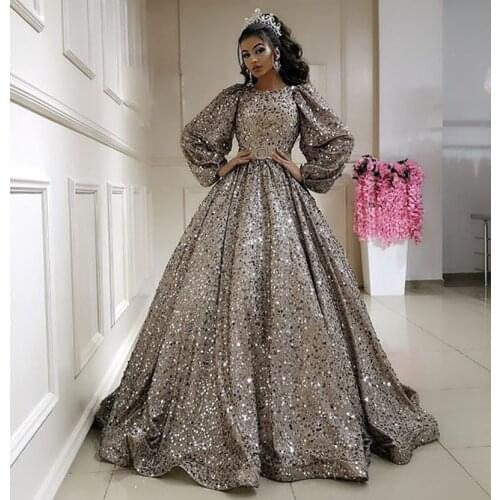 Arabic Dubai Style Long Evening Dresses 2021 Sparkly Glitter Sequin Silver Long Sleeve Women Formal Evening Gowns