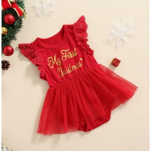 FOCUSNORM 0-24M Baby Girls Boys Princess Romper Dress For Xmas Party Lace Sleeve Letter Printed Jumpsuits
