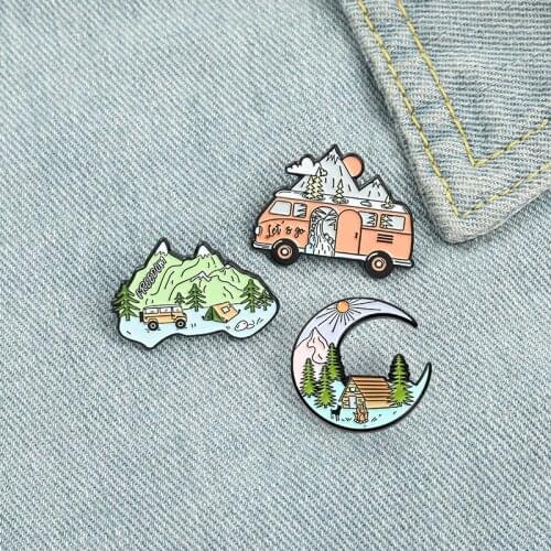 Creative Cartoon Tourist Car Mountain Brooch Fashion Simple River Pine Tree House Badge All-match Backpack Clothing Accessories