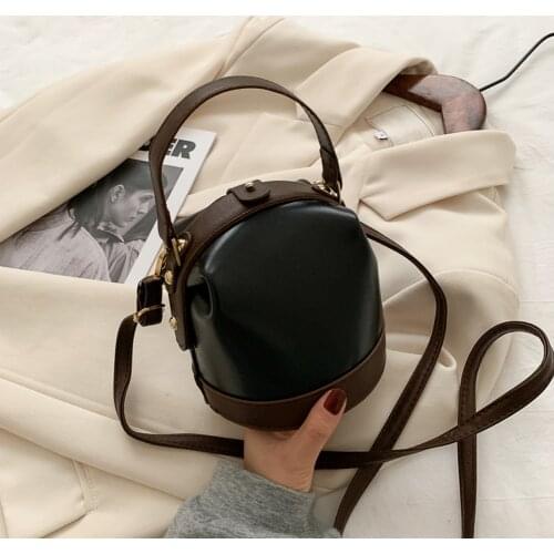 Fashion PU Leather Bucket Bag Simple Women Pleated Shoulder Pouch Portable Hit Color Messenger Satchel Travel Top-handle Bags