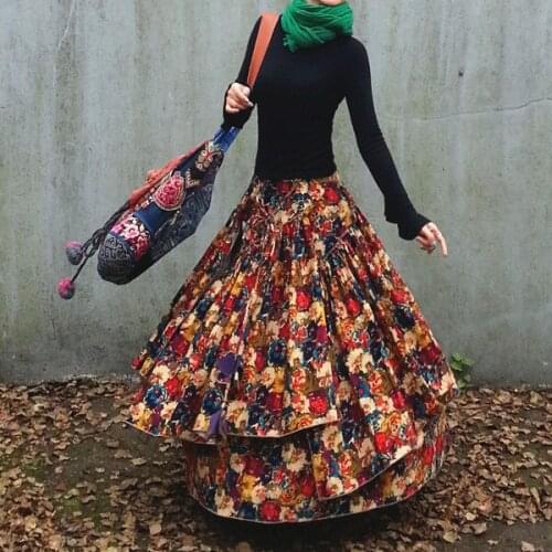 Fashion Long Linen Printing Skirts Womens Thick Cotton Skirts Saias Skirts