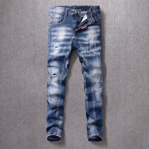 Italian Style Fashion Men Jeans Retro Blue Elastic Slim Fit Ripped Jeans Men Spliced Painted Designer Hip Hop Denim Punk Pants