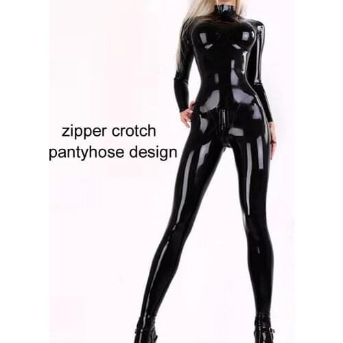 Wet Look Shiny PVC Catsuit Oil Faux Latex PU Leather Zipper Open Crotch Bodysuit 3D Chest Pantyhose One Piece Bodycon Jumpsuit
