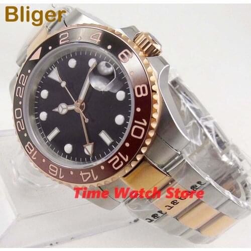 Bliger 40mm GMT 3804 automatic watch men waterproof black dial date ceramic bezel stainless steel bracelet gold marks