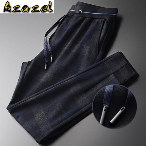 Azazel Yarn-dyed Plaid Mens Pants Luxury Autumn Combined Fabric Elastic Waist Pants Men Plus Size 4xl Slim Fit Sport Pants Man