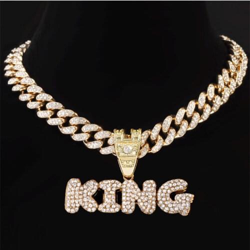 Men Hip Hop Jewelry Cubic Zircon King Pendants Necklaces Bling Iced Out Full Rhinestone Cuban Link Chain Letter Choker