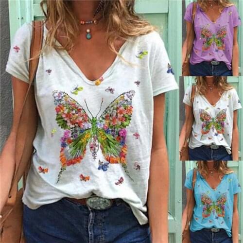 New Women Casual T Shirt Summer Butterfly Print Elegant V Neck Female Clothes Short Sleeve Tops Loose Fashion Lady T Shirt