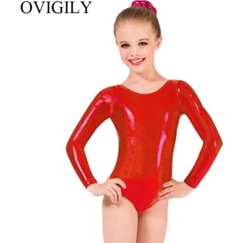 OVIGILY Kids Red Ballet Leotards for Girls Gymnastics Shiny Metallic Long Sleeve Dancewear Costumes Toddler