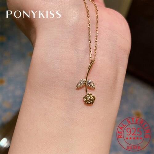 PONYKISS Real 925 Sterling Silver Rose Flower Zircon 14K Gold Chokers Necklace For Women Romantic Fine Jewelry Drop Shipping