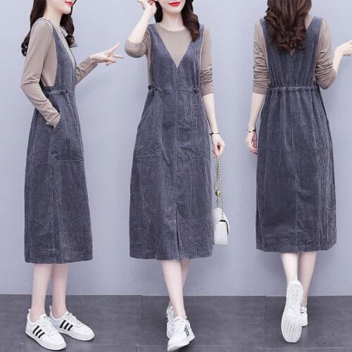Fake Two Piece Dress Long Sleeves Fall 2021 Plus Size Womens Clothing Casual Korean High Waist Patchwork Corduroy Dress M272