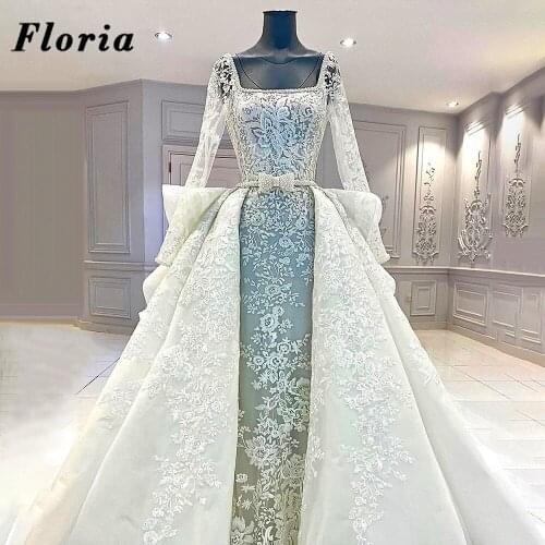 Luxurious Ivory Wedding Dresses Muslim Customize New Lace Appliques Bride Dress 2020 Dubai Arabic Robes De Mariée Bridal Gowns