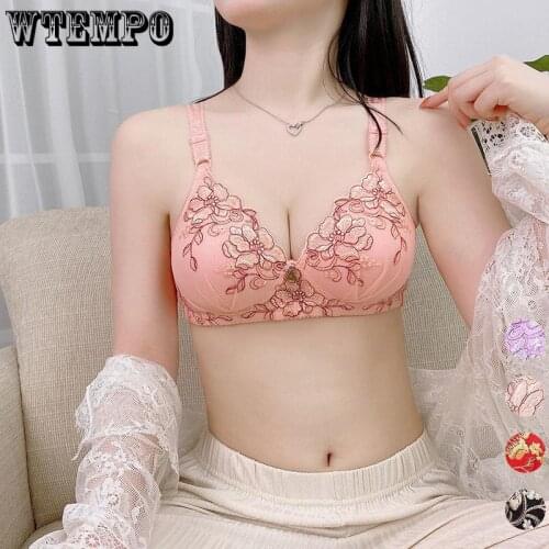 Floral Embroidery Sexy Women Bras Thin Push Up Bralette Pink Kawaii Underwear 2021 New Woman No Wire Free Gaotui Bra Brassieres
