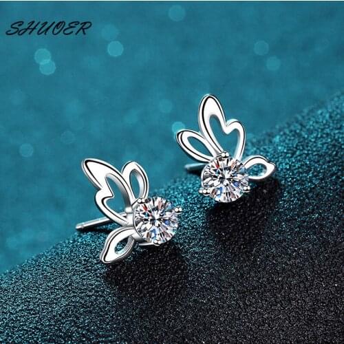 Classic 925 Sterling Silver Brilliant Cut Pass Diamond Tester 0.5 Carat D Color Moissanite Elegant Butterfly Shape Stud Earrings