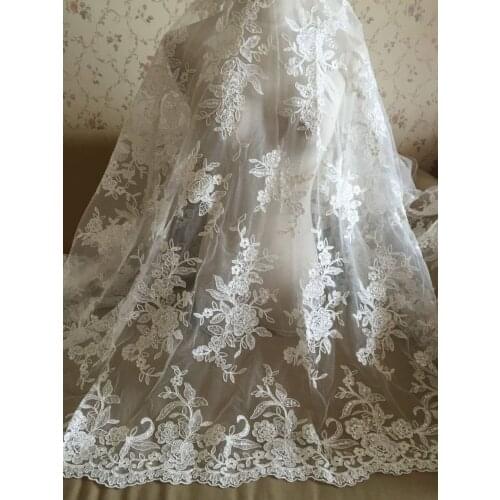 Fabulous Sequined Alencon Lace Trim Luxury Ivory Wedding Lace Embroidered Retro Tulle Lace 53.5 Inches Wide 1 Yard