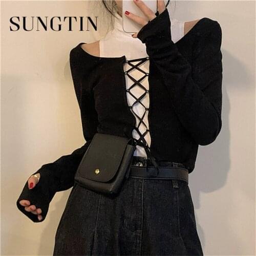 Sungtin Korean Turtleneck Tank Top Women Pullover Cross Lace Up Two Piece Tops Female Sexy Strapless Long Sleeves Streetwear New