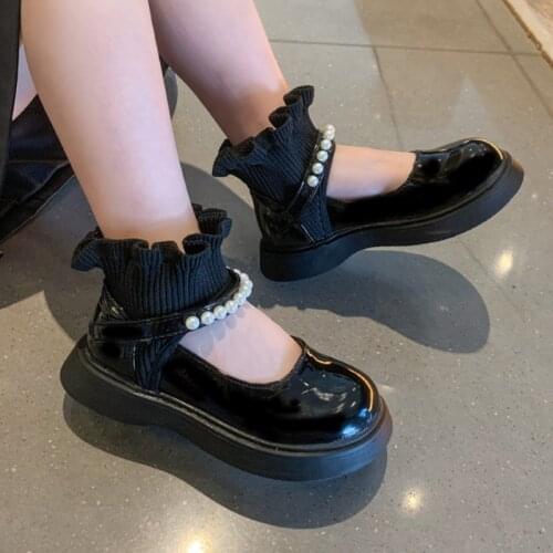 Kid PU Leather Shoes Girls Princess Shoes Pearl 2021 Autumn New Non-woven Elastic Casual Shoes Hot Sweet for Wedding Breathable