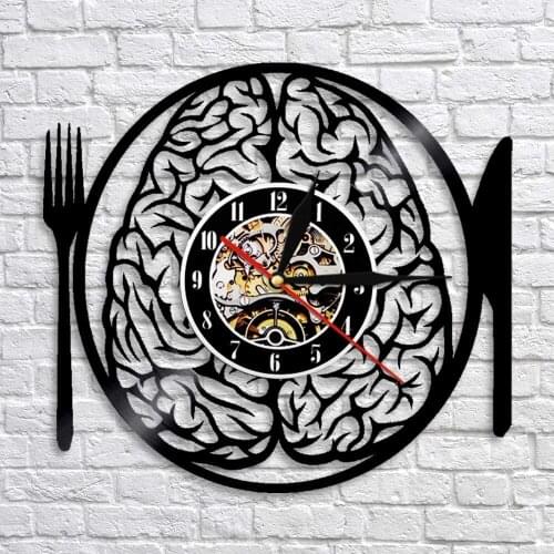Fork Knife Brain On Dish Quiet Wall Clock Funny Artwork For Kitchen Dinning Room Neuron Anatomical Brain Vinyl Record Wall Clock