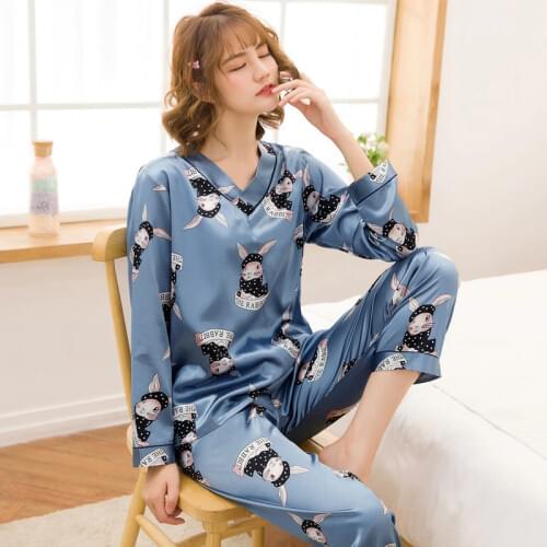 Autumn new cartoon V-neck version Pullover simulation silk long sleeve home clothes spring pajamas Silk pajamas for women