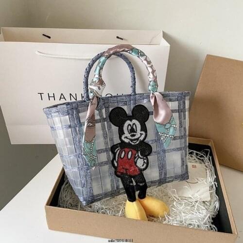 Mickey Mouse Women Handbags Shoulder Beach Bag Large Capacity Tote Bag Handmade Basket Vintage Grid color Shopping Bag Disney