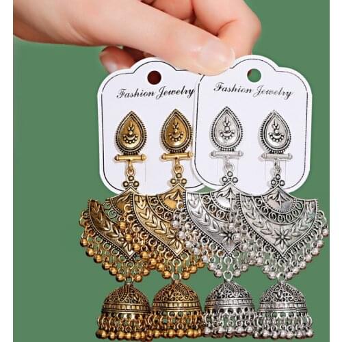 Retro Womens Big Sector Flower Carved Indian Jhumka Earrings Vintage Bell Tassel Turkey Dangling Earrings