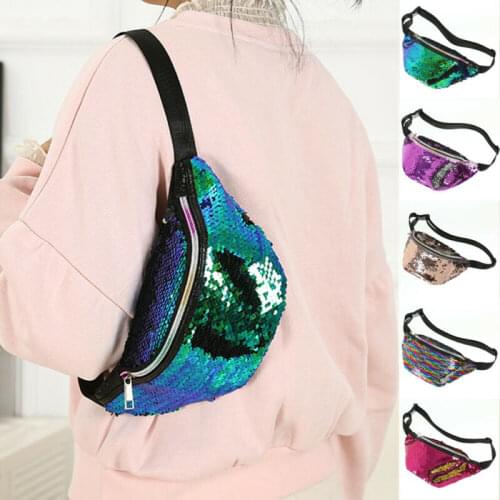 Women Reversible Mermaid Sequins Travel Waist Fanny Pack Holiday Money Belt Wallet Glitter Bum Bag Pouch Red Green Purple