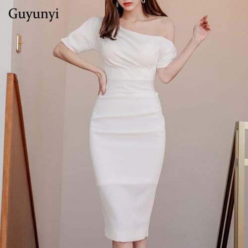 Solid Color Small Sexy Office Lady Dress 2019 European Summer Off Shoulder Asymmetrical Neck Elegant Sheath Party Dress Women