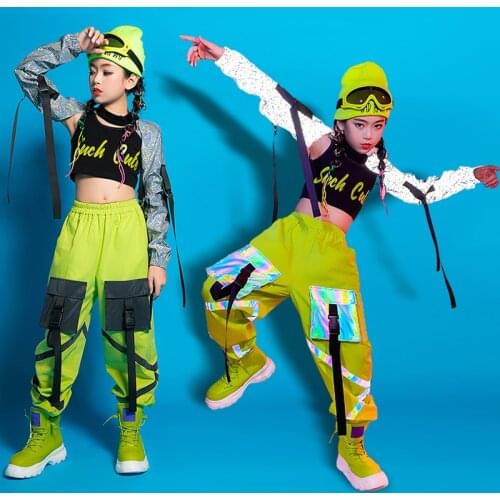 2021 Children Hip Hop Dance Costume Girls Reflective Clothing Vest Green Pants Jazz Performance Stage Costume Rave Outfit BL5896