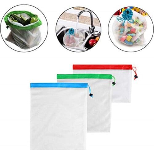 12Pcs/lot Reusable Vegetable Fruit Mesh Produce Bags Colorful Tape Washable Eco-Friendly Bags for Storage Toys Sundries