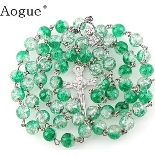 9mm Catholic Double Color Round Glass Rosary Beads Necklace INRI Jesus Cross Pendant Necklaces Fashion Religious Jewelry