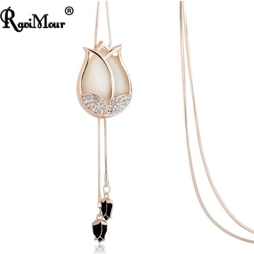 RAVIMOUR Big Choker Kolye Crystal Opal Statement Necklaces Pendants Tulip Flower Tassel Sweater Chain Long Necklace Jewelry Gift