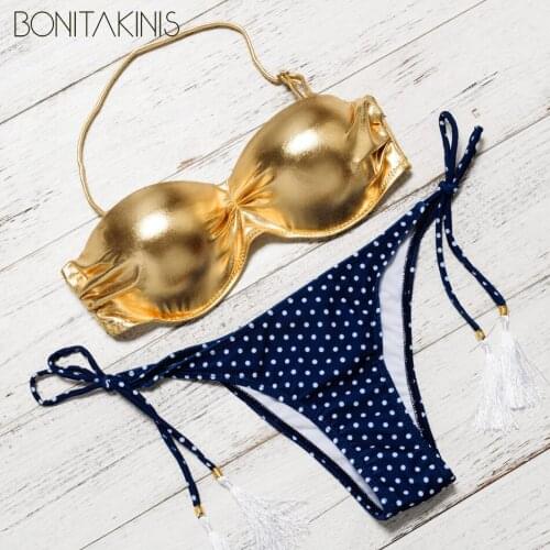 Bonitakinis Young Ladies 3/4 Cup Push Up Swimsuit Wave Point Swimwear Women Bandage Waist Beachwear Bikini Bathing suit Biquini