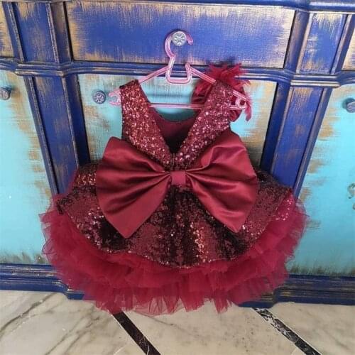 Burgundy Infant Girls Dresses Sequined Top Tulle Big Bow Princess First Birthday Dress Kids Clothes for Photography