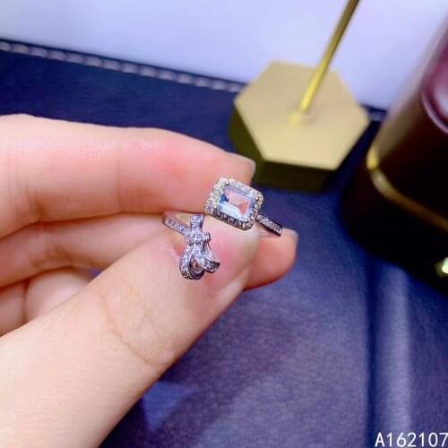 925 Pure Silver Chinese Style Natural Aquamarine Womens Popular Fashion Fresh Bowknot Open Gem Ring Fine Jewelry Support Detect