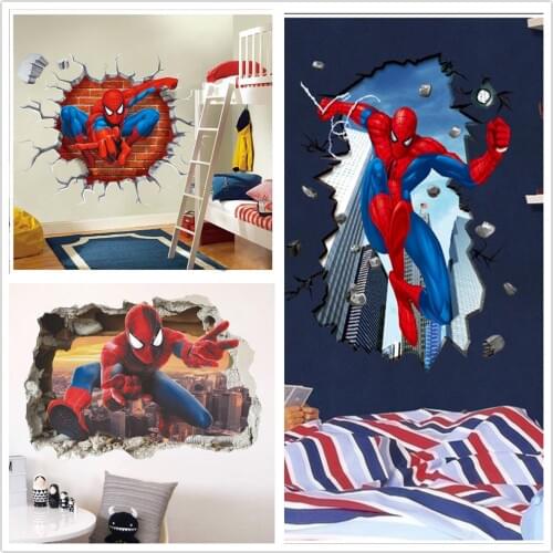 Cartoon Spiderman Wall Stickers For Kids Room Decoration Hole Window Adesivo 3D Sticker Mural Home Decor Modern Children Toys