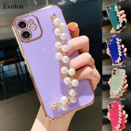 Pearl Bracelet Soft Plating Phone Case for iphone 12 Pro Max 12mini XR Xs Max 11 8 7 Plus Wrist Strap Chain Silicone Back Cover