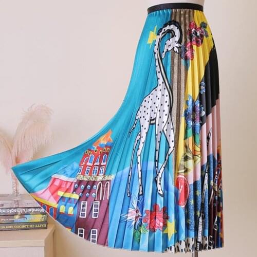 New Summer Fashion Cartoon Pattern Printing Elastic Waist Casual All-match Graffiti Pleated Skirt