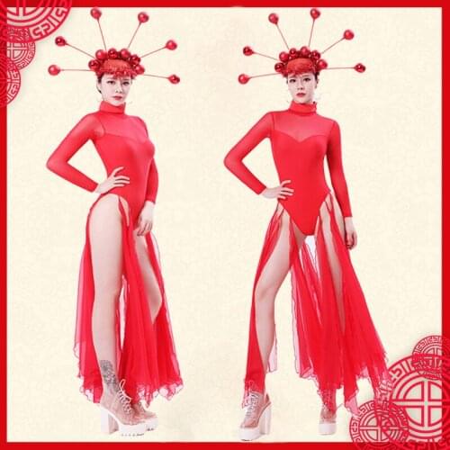 New YearS Nightclub Jumpsuit Red Performance Clothes Singer ValentineS Day Rave Hat Gogo Dance Costume Female DJ Outfit 3030