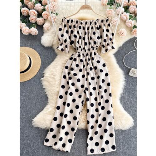 CINESSD New Summer Ladies Big Wave Point Sexy Bare Shoulder One-line Collar Dot Jumpsuit Womens Slim Long Wide-leg Pants